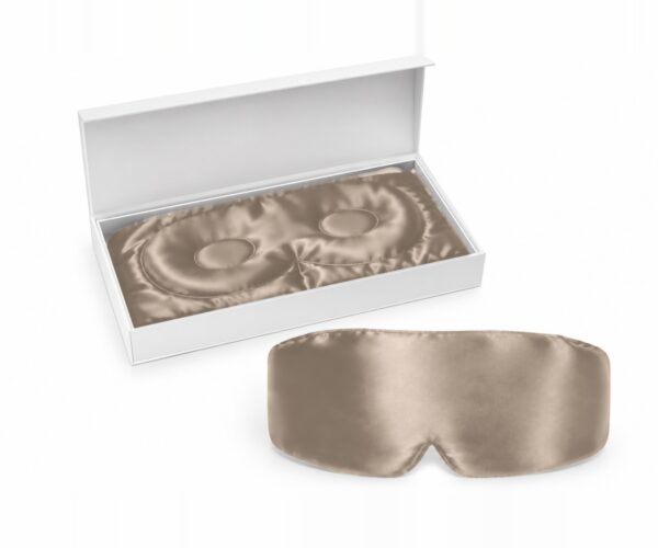 Taupe Blackout silk eye mask with its gift box
