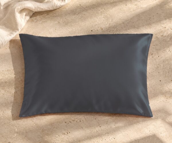 Ink grey mulberry silk pillowcase on sunlit stone