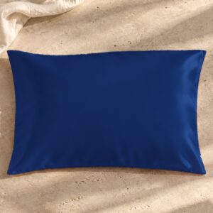 Navy blue mulberry silk pillowcase on sunlit stone