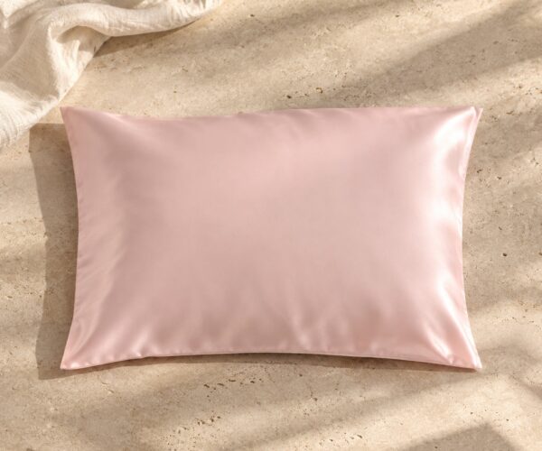 Blush pink mulberry silk pillowcase on sunlit stone