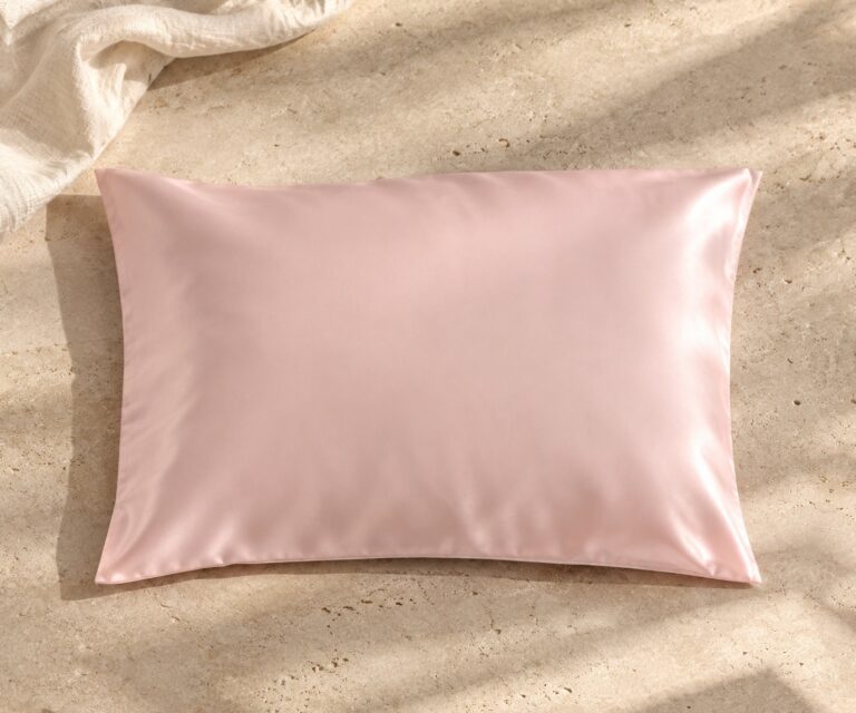 Blush pink mulberry silk pillowcase on sunlit stone