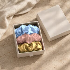 Curio Silk silk scrunchie gift box in baby blue gold rose gold