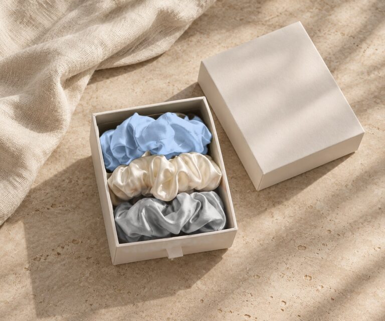 Baby blue, white and silver mulberry silk scrunchies in a white gift box