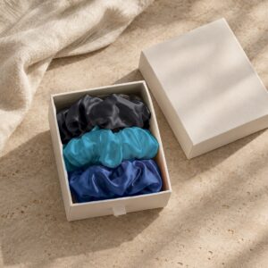 Curio Silk silk scrunchie gift box in black blue aqua