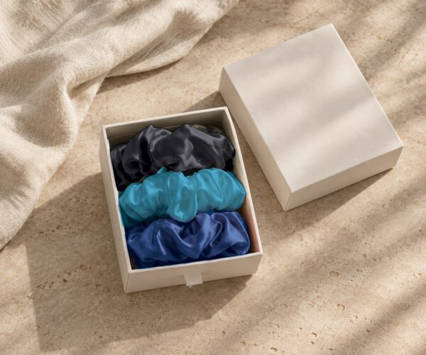 Curio Silk silk scrunchie gift box in black blue aqua