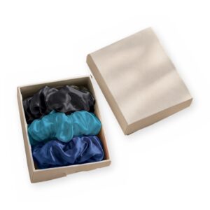 Curio Silk silk scrunchie gift box in black blue aqua on a white background