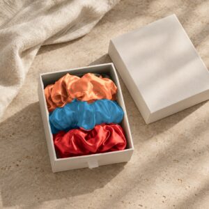 Curio Silk silk scrunchie gift box in coral red azure