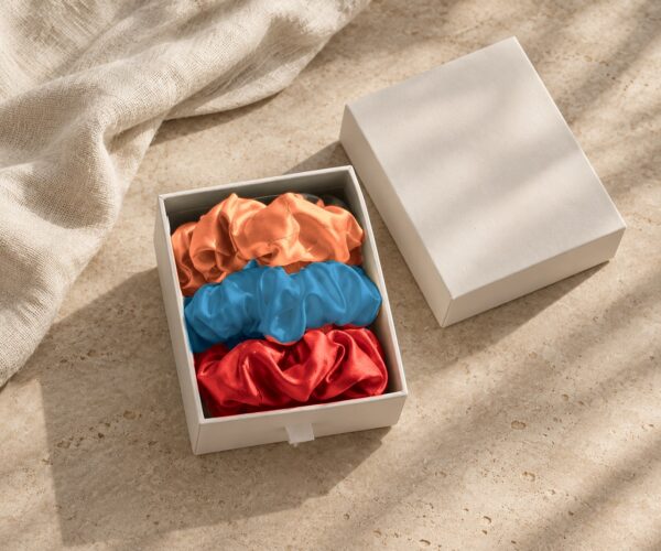 Curio Silk silk scrunchie gift box in coral red azure