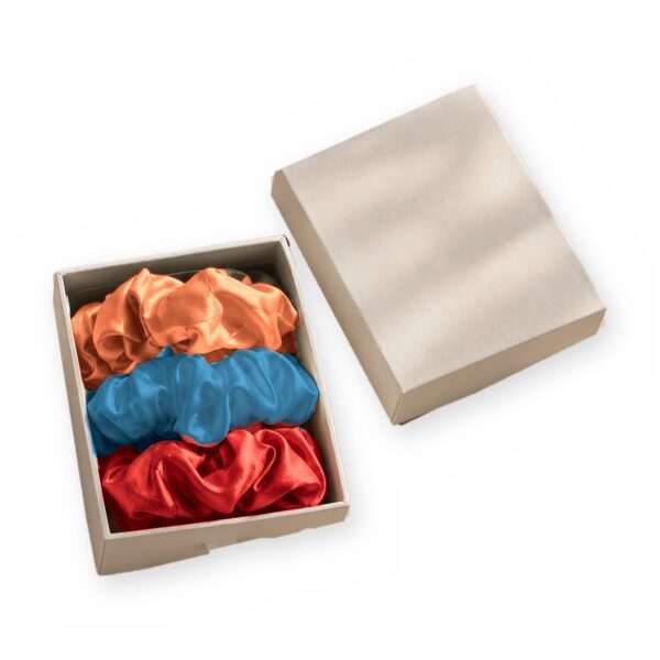 Curio Silk silk scrunchie gift box in coral red azure on a white background
