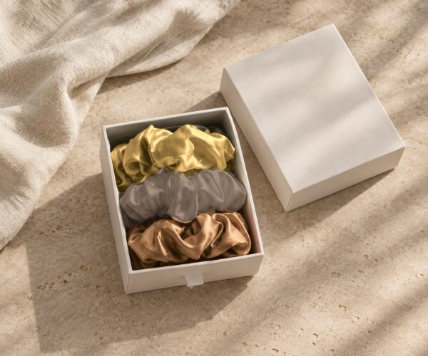 Curio Silk silk scrunchie gift box in gold cinnamon taupe