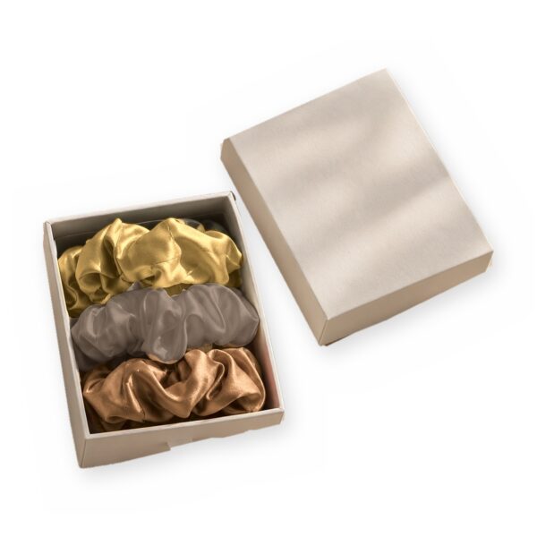 Curio Silk silk scrunchie gift box in gold cinnamon taupe on a white background